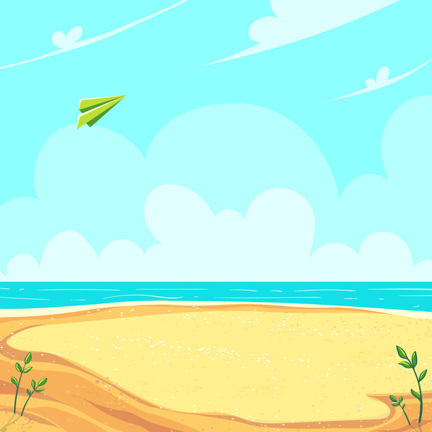 Green paper airplane flying in the clouds over the sandy seashore. Vector background illustration. For print on demand, powerpoint and keynote presentations, advertisements and commercials, magazines and newspapers, book covers. - Vektör, Görsel