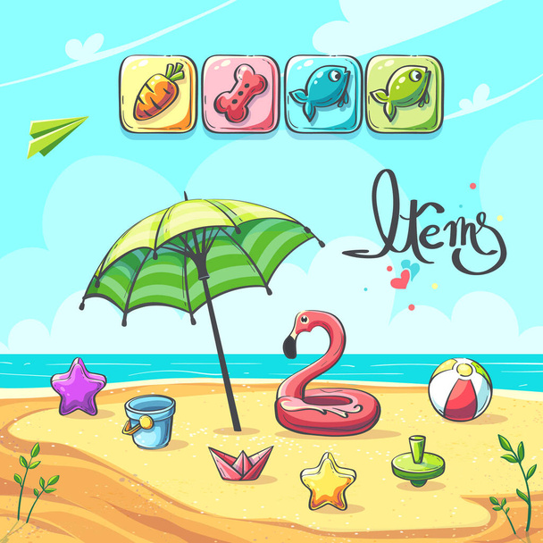 Items for match three game Summer Break. Flamingo, beach umbrella, bucket, ball, boat, airplane, fish bone carrot whirligig - Vetor, Imagem