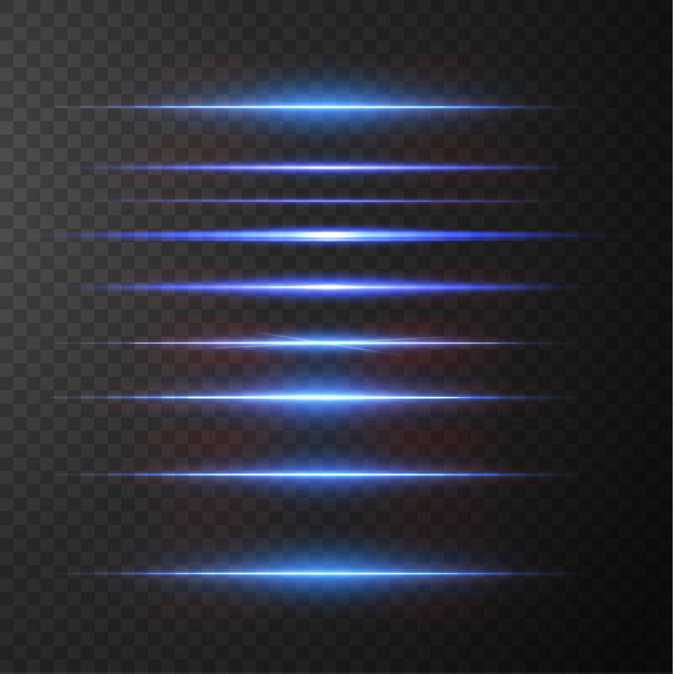 Light beams of light in neon and blue. Illuminated horizontal neon laser. Collection of light transparent realistic rays for design isolated on a transparent background. Horizontal optical lens flare. Vector illustration. - Vector, Image