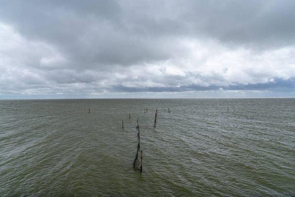 typical Wadden Sea landscape in the northern Netherlands near Den Oever with windbeaten ocean and an expressive cloudy sky - Photo, Image