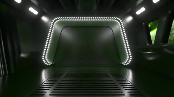 Science-Fiction-Tunnel im Weltraum mit Neonlicht. Planet Erde vor dem Fenster des Raumschiffs. Raumfahrttechnologiekonzept. 3D-Animation einer nahtlosen Schleife - Filmmaterial, Video