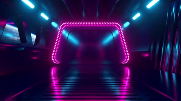 Uzayda neon ışıklı bir bilim kurgu tüneli. Uzay gemisinin penceresinin dışındaki Dünya gezegeni. Uzay teknolojisi konsepti. Kusursuz bir döngünün 3d animasyonu - Video, Çekim