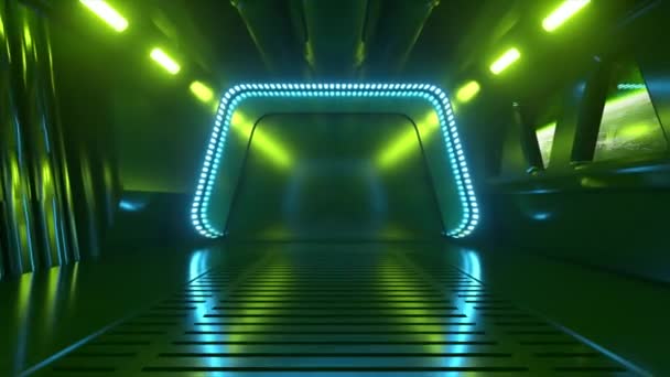 Sci-fi alagút az űrben neon fénnyel. A Föld bolygó az űrhajó ablaka előtt. Űrtechnológiai koncepció. 3D animáció egy zökkenőmentes hurok - Felvétel, videó