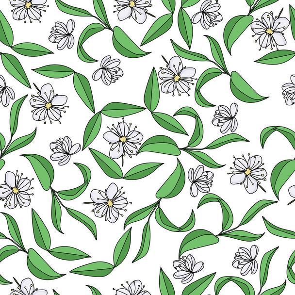 緑の小枝のシームレスなパターンを持つ白い花、白い背景ベクトルイラストの花の要素 - ベクター画像