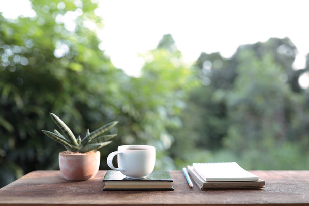 Copo de café branco com notebook e vaso de planta de cobra na mesa de madeira marrom para fora da porta - Foto, Imagem