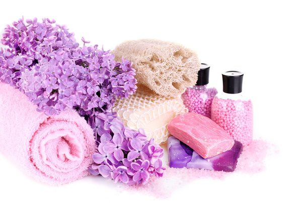 Composition with spa treatment, towels and lilac flowers, isolated on white - Фото, изображение