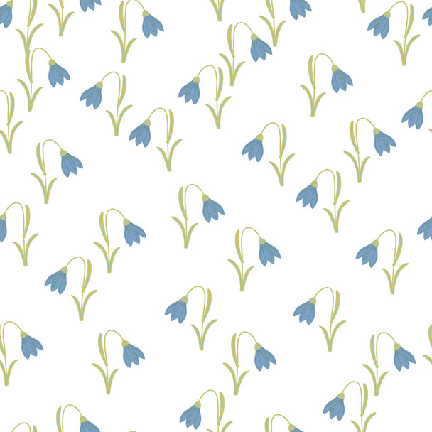 Botany απρόσκοπτη μοτίβο με φωτεινό μπλε BlueBell στολίδι εκτύπωσης. Μεμονωμένα σχήματα λουλουδιών. Λευκό φόντο. Επίπεδη διανυσματική εκτύπωση για ύφασμα, ύφασμα, giftwrap, ταπετσαρίες. Ατελείωτη απεικόνιση. - Διάνυσμα, εικόνα