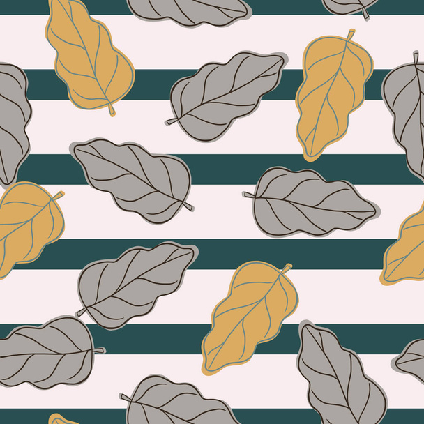 Autumn foliage seamless pattern with blue and orange contoured oak leaf shapes. Striped background. Vector illustration for seasonal textile prints, fabric, banners, backdrops and wallpapers. - Vector, Image