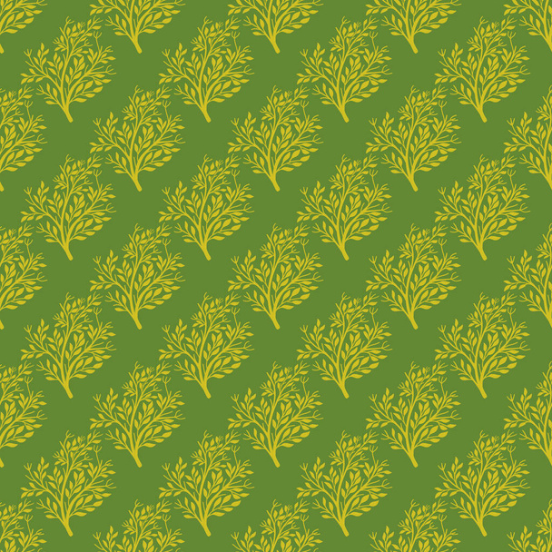Luova keltainen puu metsä saumaton doodle kuvio käsin piirretty kukka tyyliin. Vihreä tausta. Luonnon muotoja. Osakekuva. Vektori suunnittelu tekstiili, kangas, lahjapaperia, taustakuvia. - Vektori, kuva