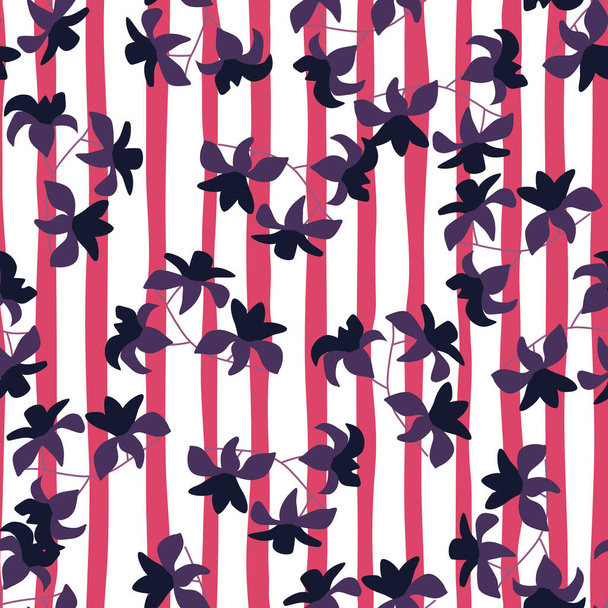 El hawaii púrpura oscuro reduce el patrón trópico sin costuras. Impresión aleatoria sobre fondo a rayas rosadas y blancas. Diseñado para el diseño de la tela, impresión textil, envoltura, cubierta. Ilustración vectorial. - Vector, Imagen
