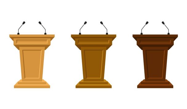 Conjunto de madera de tres tribunas de colores se destacan rostrum con micrófonos. Soporte de podio o pedestal para discurso o púlpito público para orador. Homenaje a la conferencia de prensa o a los medios de comunicación, comunicación política - Vector, imagen