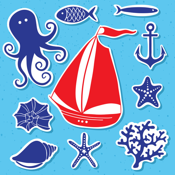 Mar da silhueta - Conjunto desenhado à mão de símbolos do mar
 - Vetor, Imagem