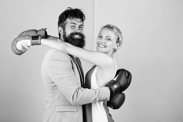 Complicated relationships. Couple romantic relationships. Difficult relationships. Couple in love competing boxing. Conflict concept. Family life. Boxers fighting gloves. Man and woman boxing fight - Photo, Image