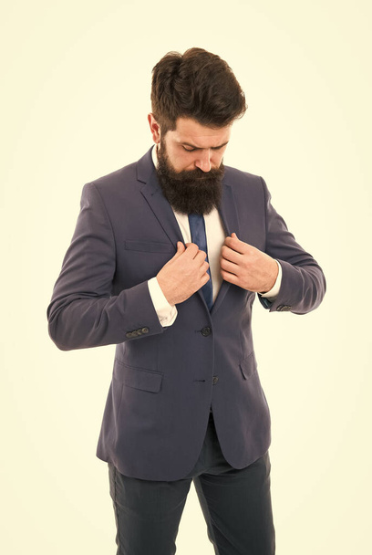 brutal boss man isolated on white. hipster with beard has own business. modern business success. office life. bearded businessman in formal suit. Following his personal style. professional style - Foto, afbeelding