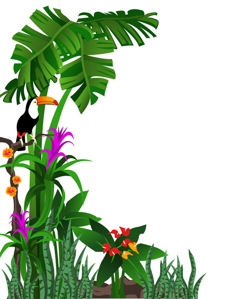 Background illustration of a tropical forest with flowers and a toucan - Vector, Image