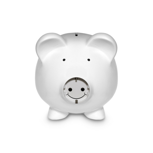 Piggy ile üzerine beyaz izole bir kavram olarak elektrik fişi - Fotoğraf, Görsel