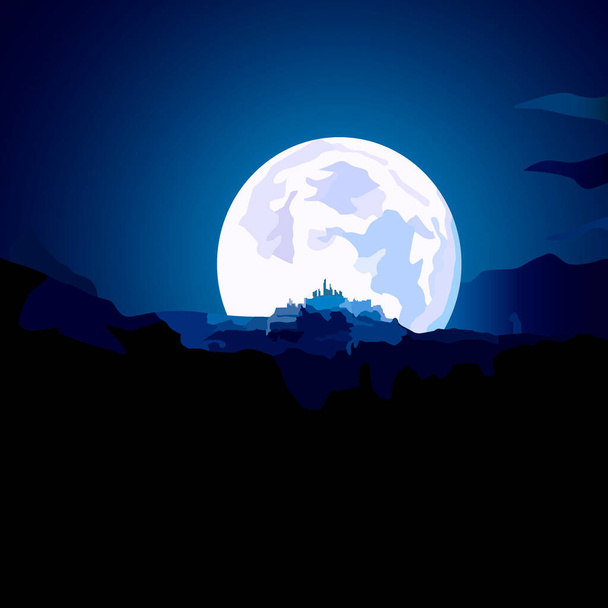 illustration in blue night colors depicting the moon above the horizon and the silhouette of a fortress on its background for printing on photo wallpapers, postcards, posters and interior decoration - Vector, Image