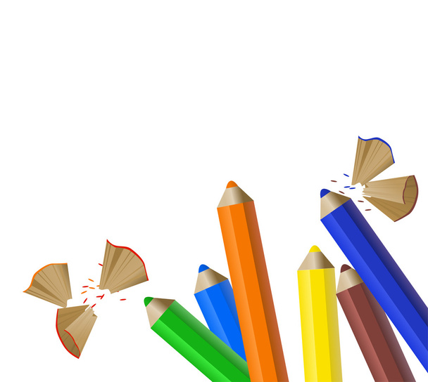 achtergrond met kleur potloden, wit papier, potlood schaafsel - Vector, afbeelding