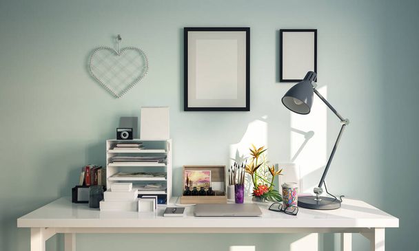 escritorio de maqueta de un artista, mesa blanca y dos imágenes en la pared, 3d render - Foto, imagen