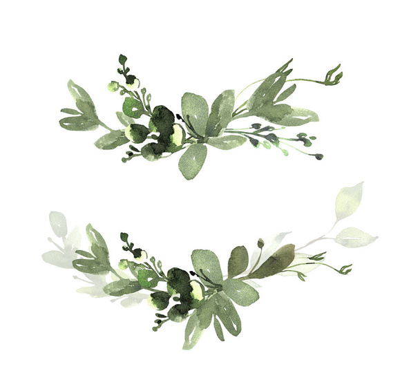 水彩の花のイラストセット-緑のユーカリの葉の枝コレクションは、結婚式の招待状、挨拶カード、壁紙、背景のために。ユーカリ、緑の葉. - 写真・画像