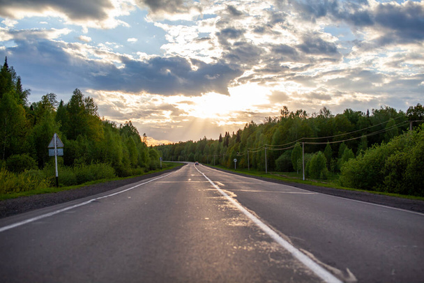 Country road with markings in the middle of the forest. Path and forward movement in the sun. Beautiful, green forest in the spring at sunset. Concept for success in the future goal and passing time - Valokuva, kuva