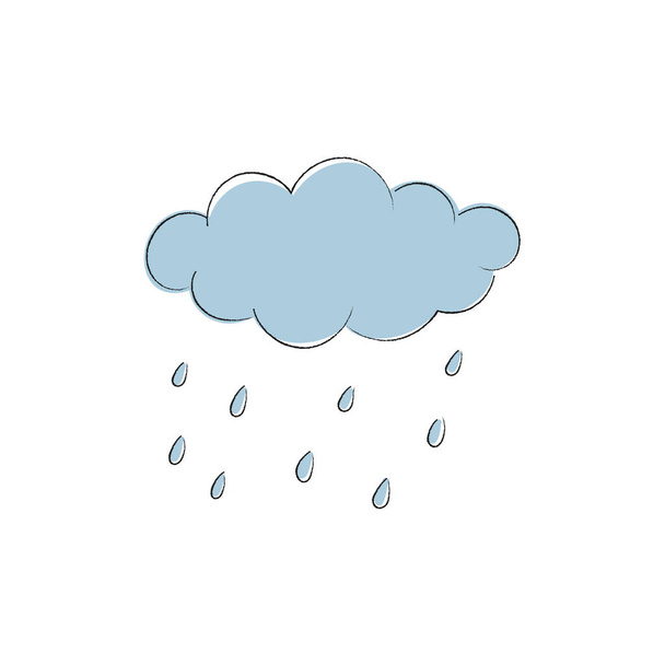 Mano de dibujos animados dibujado lluvia y nube. Previsión de señal de tormenta. Ilustración vectorial aislada sobre fondo blanco - Vector, imagen