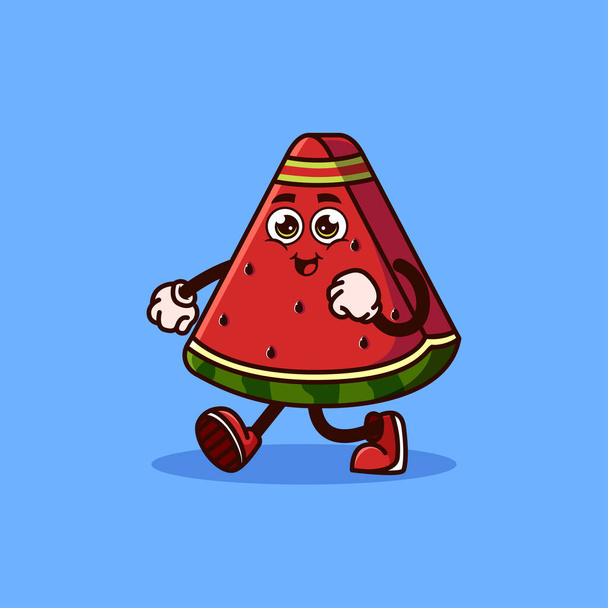 Leuke Watermeloen fruit karakter joggen. Fruit karakter pictogram concept geïsoleerd. Emoji Sticker. vlakke cartoon stijl Vector - Vector, afbeelding