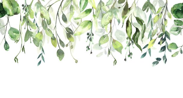 Watercolor floral illustration green leaf seamless pattern, for wedding stationary, greetings, wallpapers, fashion, background. Eucalyptus, olive, green leaves, etc. High quality illustration - Photo, Image