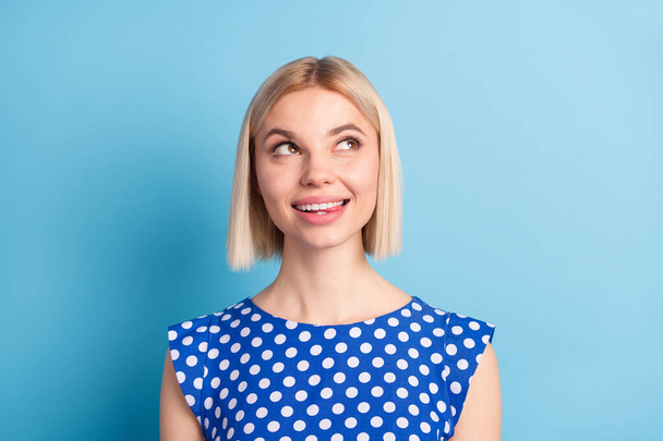 Photo portrait girl with bob hair smiling looking blank space curious showing tongue isolated pastel blue color background - Valokuva, kuva