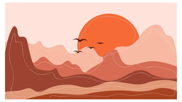 Horizontal abstract landscape. Desert. Boho style. Minimalistic landscape. One line. Trendy print of nature, for pose, for decor, background, for packaging, for web design. - Vector, Image