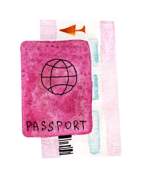 aquarelle ensemble de passeport avec billet d'avion isolé sur fond blanc pour les compositions en vacances, Voyage, thème de vacances. Cartes d'embarquement d'avion et illustration de passeport. Clipart de voyage - Photo, image