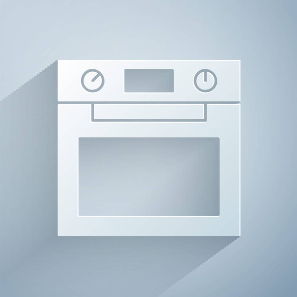Paper cut Oven icon isolated on grey background. Stove gas oven sign. Paper art style. Vector. - Vector, Imagen