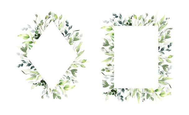 Conjunto de ilustración floral de acuarela - colección de marco de hoja verde, para papelería de boda, saludos, fondos de pantalla, moda, fondo. Eucalipto, aceituna, hojas verdes, etc. ilustración de alta calidad - Foto, imagen