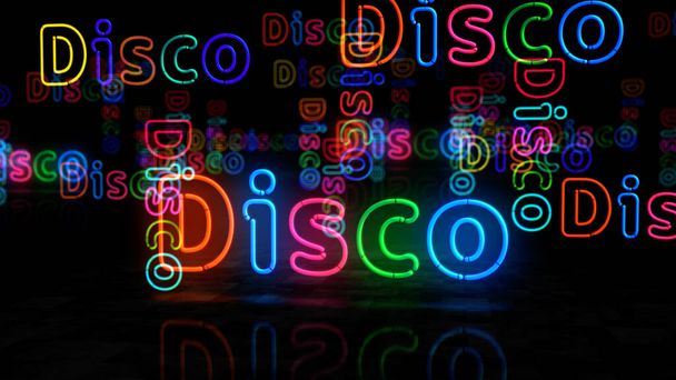 Disco symbol neon symbol. Light color bulbs with retro nightlife city music club sign. Abstract concept 3d illustration. - Photo, Image
