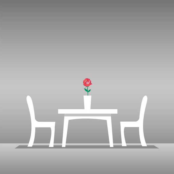 Ein Tisch und zwei Stühle für ein Date in einem Café. Weiße Möbel. Auf dem Tisch steht eine Vase mit einer Rose. Vektorflache Illustrationsvorlage. Hintergrund mit Platz für Text - Vektor, Bild