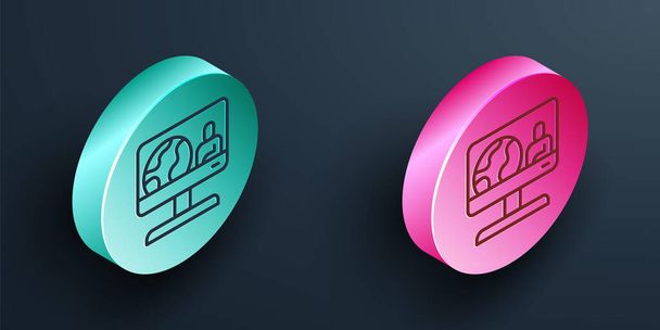 Isometric line Weather forecast icon isolated on black background. Turquoise and pink circle button. Vector. - Vector, Image