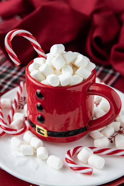 Cup of creamy hot chocolate with melted marshmallows    for christmas holiday , close-up with selective focus and  shallow depth of field - Foto, Imagen