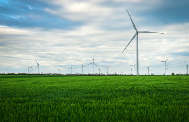 Větrné turbíny vyrábějící elektřinu s modrou oblohou - koncepce úspor energie - Fotografie, Obrázek
