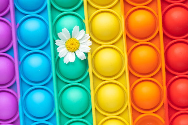 Nahaufnahme eines Pop-it-Spielzeugs und einer Kamillenblüte. Sommer und Regenbogenkonzept. Bunter Hintergrund und Kopierraum. - Foto, Bild