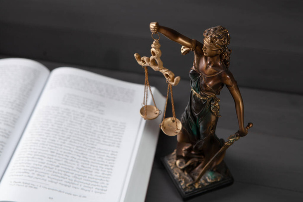 statue of justice and book on gray background - Photo, Image