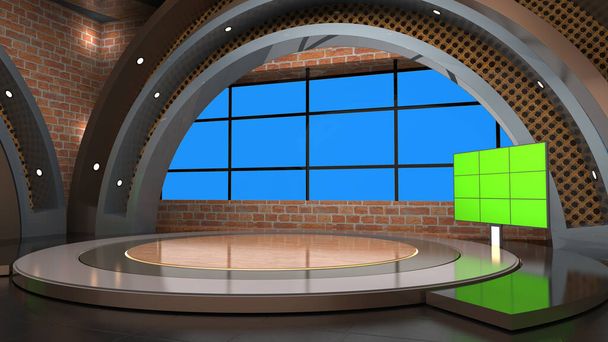 Clásico estudio virtual 3D indoor _ News Studio, telón de fondo para programas de televisión .TV en la pared.3D Virtual News Studio Lazo de fondo - Foto, Imagen