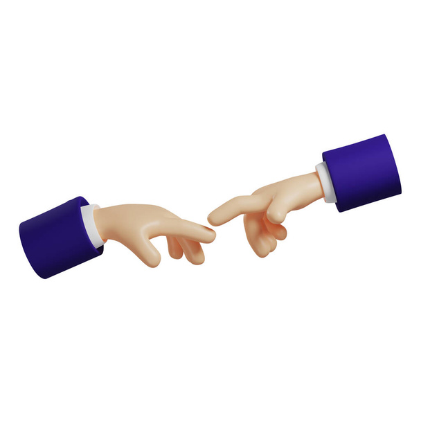 Cartoon hands with dark blue sleeves reaching out to each other,The Creation of Adam of Michelangelo illustration reproduction isolated on white background, 3D rendering - Foto, afbeelding