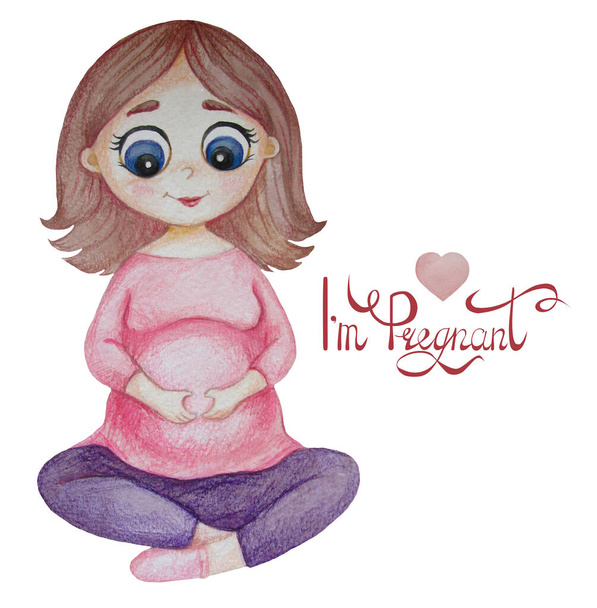 Słodka szczęśliwa kobieta w ciąży z włosami w różowym siedzi i robi jogę z rękami na brzuchu w kształcie serca. Białe tło z napisem - jestem w ciąży. Akwarela  - Zdjęcie, obraz