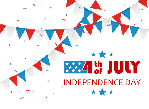 Independence day Theme. Lettering 4th of July with colored pennants. Independence day White background. Illustration can be used for holiday design, banners, cards, posters. - Vettoriali, immagini