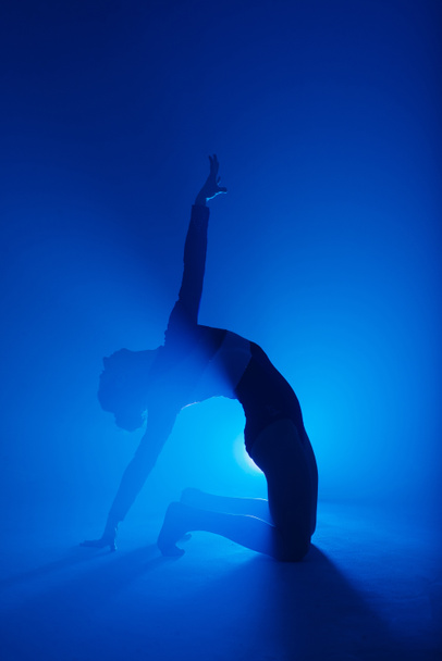 Professional ballerina dancing ballet in a smoke. Female in black bodysuit on floodlights background. - Photo, Image