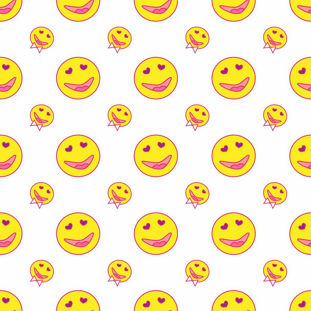 Keltaiset hymynaamat Ennennäkemätön kuvio. Vektori backgroun Saumaton kuvio kasvot. Valikoima kasvot rakenne malli. Tekstiilit, sisustus, kirjan suunnittelu, verkkosivusto Tausta - Vektori, kuva