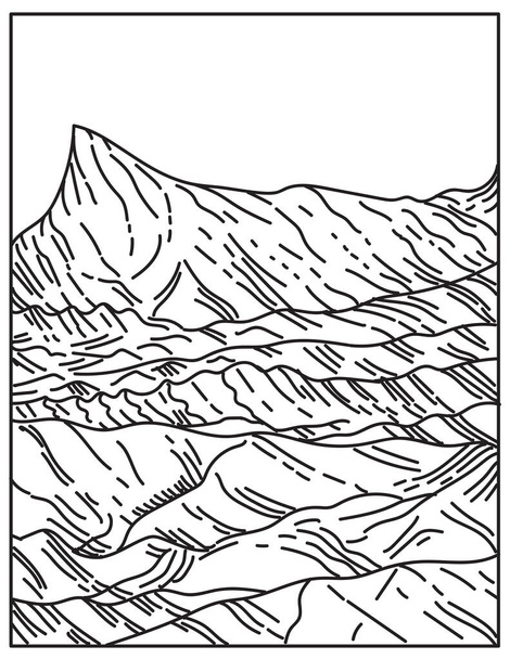 カリフォルニア・ネバダ州境をまたぐデスバレー国立公園のモノラインイラスト、シエラネバダ山脈の東、米国はレトロな黒と白のモノラインアートスタイルで行われました. - ベクター画像