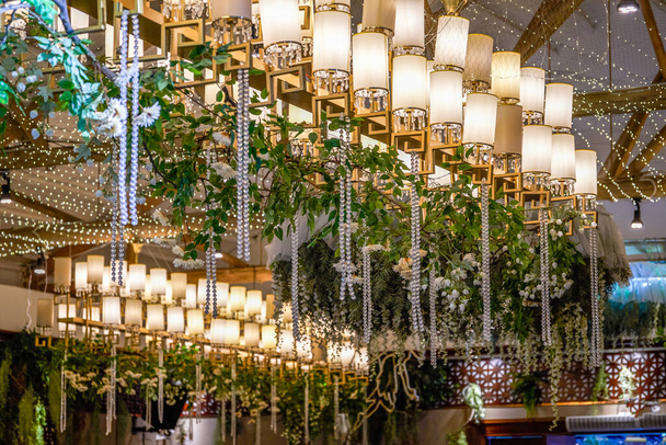 Moderni häät kohtaus kristalli lamput ja vihreät kasvit kattoon - Valokuva, kuva
