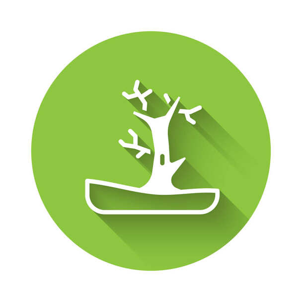 Icono blanco del árbol desnudo aislado con sombra larga. Botón círculo verde. Vector - Vector, imagen
