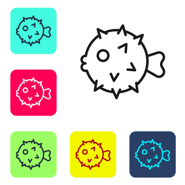 Černá čára Rybí ježek ikona izolované na bílém pozadí. Nastavit ikony v barevných čtvercových tlačítcích. Vektor - Vektor, obrázek